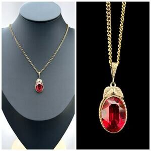Vintage Ruby Red Glass Pendant Necklace Gold Tone Gothic Victorian Revival Brass